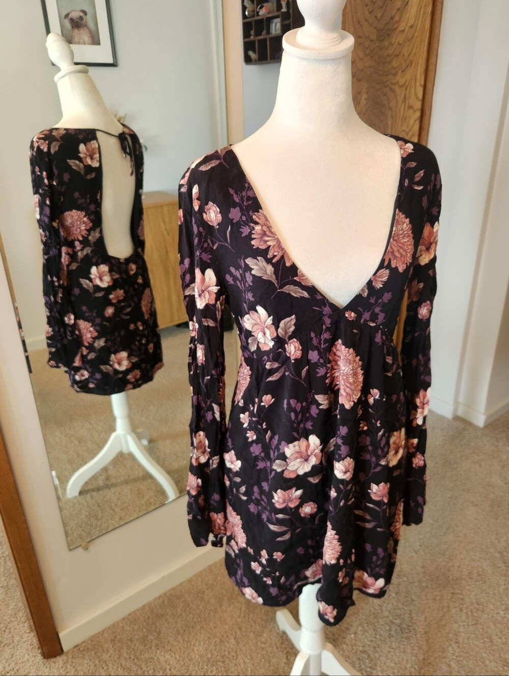 (2 For $30) Forever 21 Black Purple Floral Long Sleeve Low Cut Front Back Dress